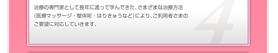 治療の専門家として長年に渡って学んできた、さまざまな治療方法（医療マッサージ・整体術・はりきゅうなど）により、ご利用者さまのご要望に対応していきます。
