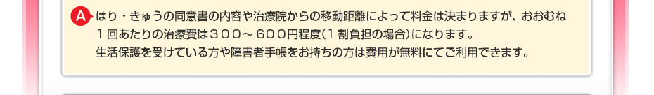はり・きゅうの同意書の内容や治療院からの移動距離によって料金は決まりますが、 おおむね1回あたりの治療費は３００～6００円程度（1割負担の場合）になります。 生活保護を受けている方や障害者手帳をお持ちの方は費用が無料にてご利用できます。