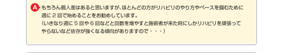 もちろん個人差はあると思いますが、ほとんどの方がリハビリのやり方や ペースを掴むために週に2回で始めることをお勧めしています。 （いきなり週に5回や6回などと回数を増やすと施術者が来た時にしか リハビリを頑張ってやらないなど依存が強くなる傾向がありますので・・・）